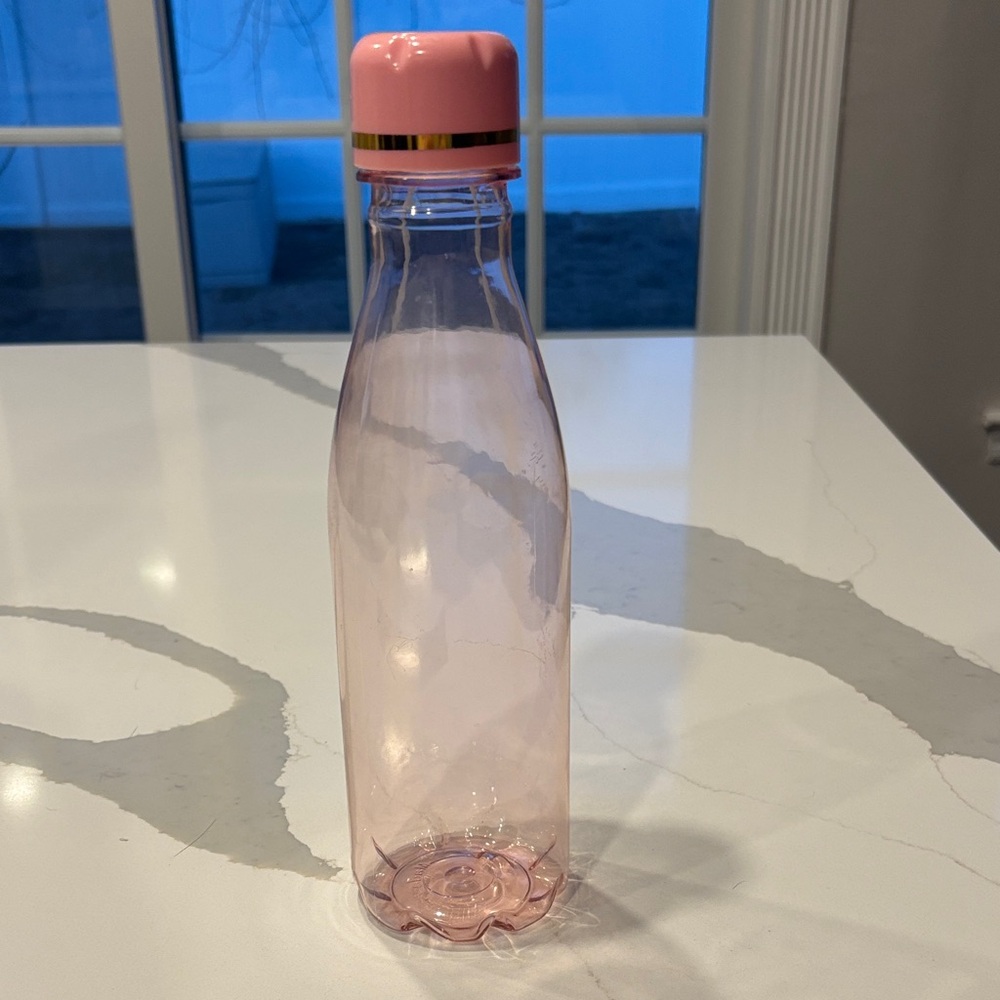 Pink/Gold Cap/ Clear Tinted Pink Plastic Water Bottle… 10.5 In.